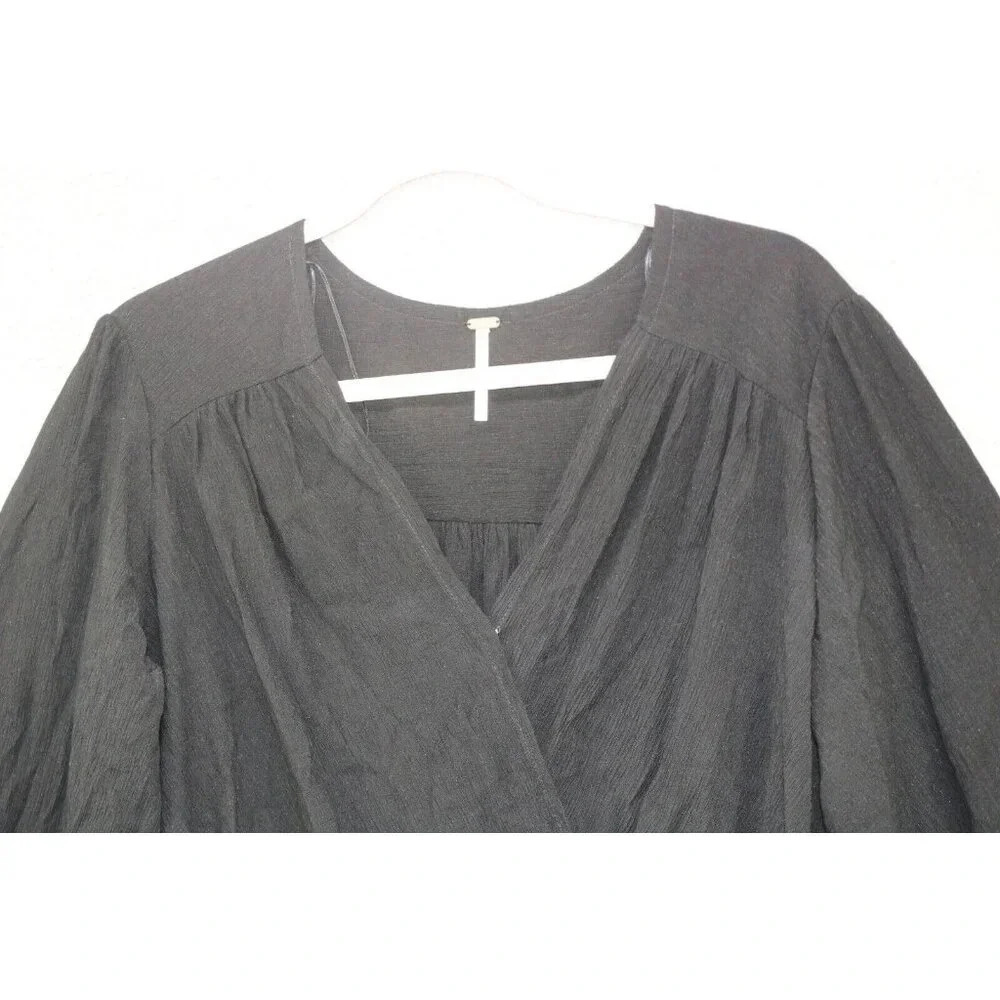 Free People Black Long Puff Sleeve Wrap Top-Small/Petite-Oversized - Picture 2 of 14